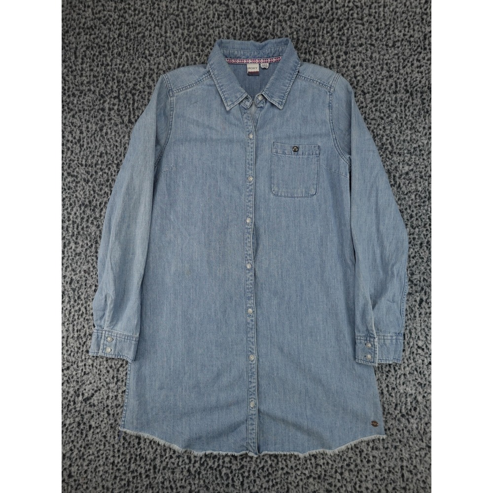Roxy Shirt Dress Womens Medium Light Blue‎ Good Raw Hem Denim Long Sleeve